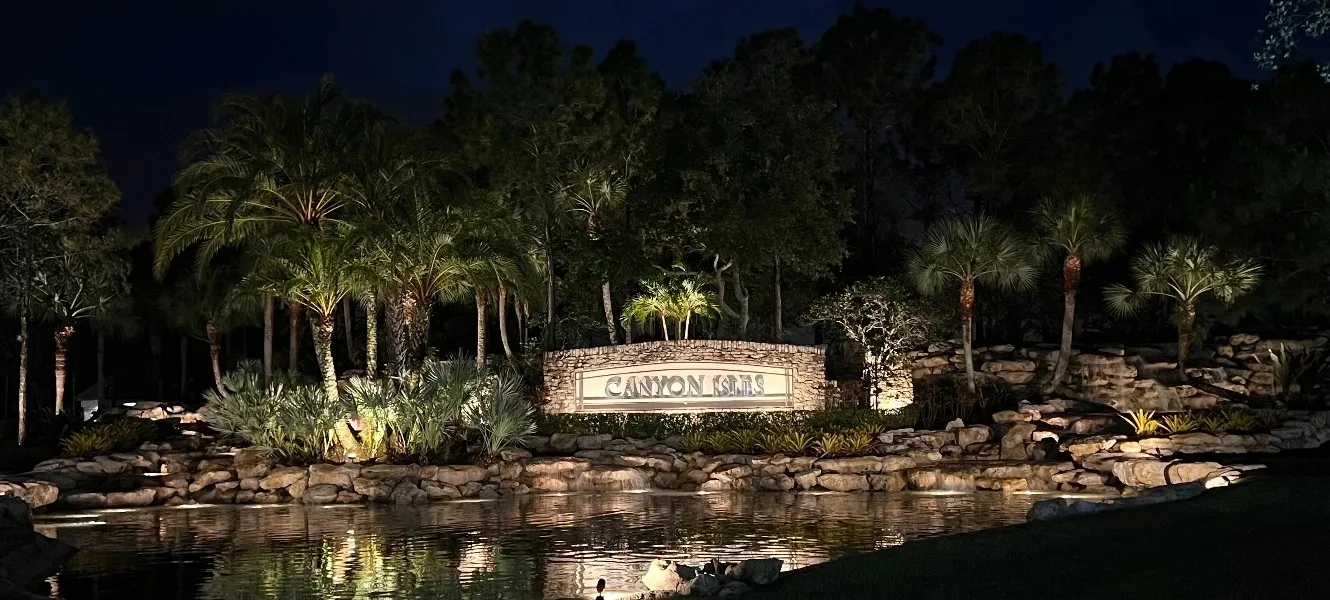 A night view of the entrance to canyon dale.