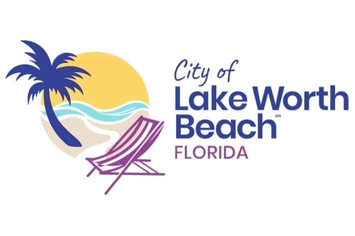 A city of lake worth beach logo with palm trees and chairs.